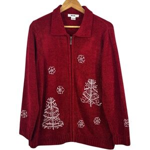 Alia Soft Knitted Red with White Trees & Snowflake Full Zip Holiday Sweater L